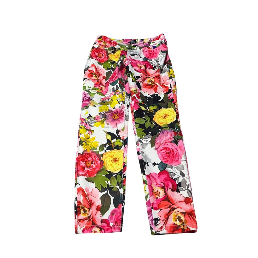 Hue M bold pink black white floral legging polyester spandex stretch euc